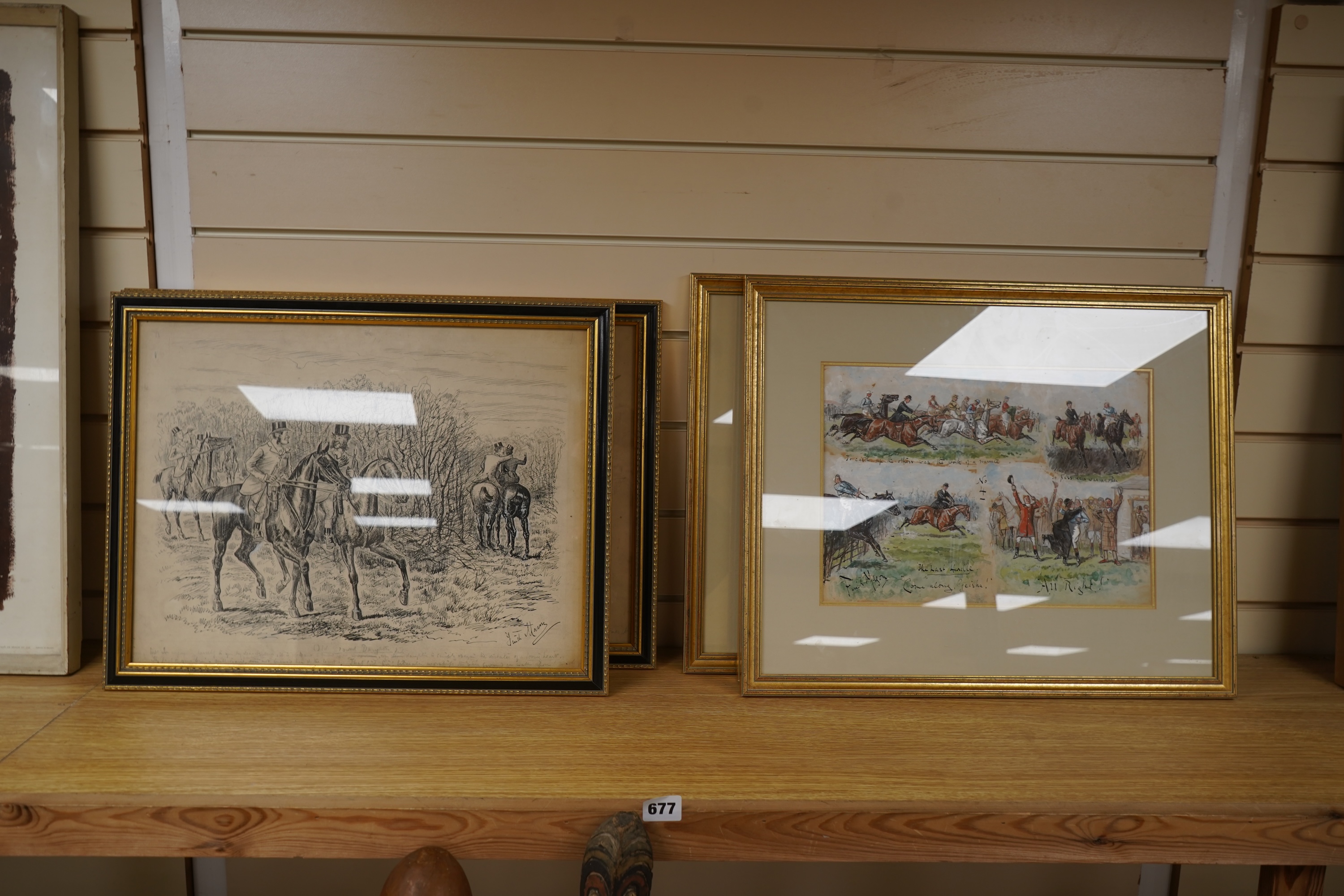 George Finch Mason (1850-1915), Hunting scenes, each signed and inscribed, set of four ink sketches heightened with white, 34 x 44cm together with George Finch Mason (1850-1915), ‘Alas! At the Second Fence the Geisha Ref